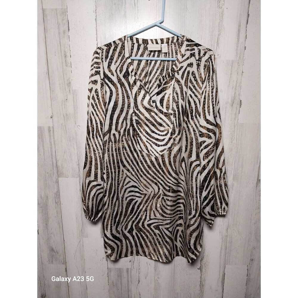 Chicos Top Womens Size L Black Tan Cream Animal Print Stripe Tunic Satin